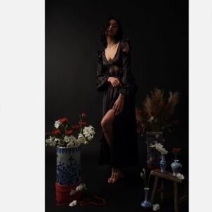 Allina Liu Black Whimsigoth Romantic Valkyrie Sexy Lace Satin Maxi Dress S